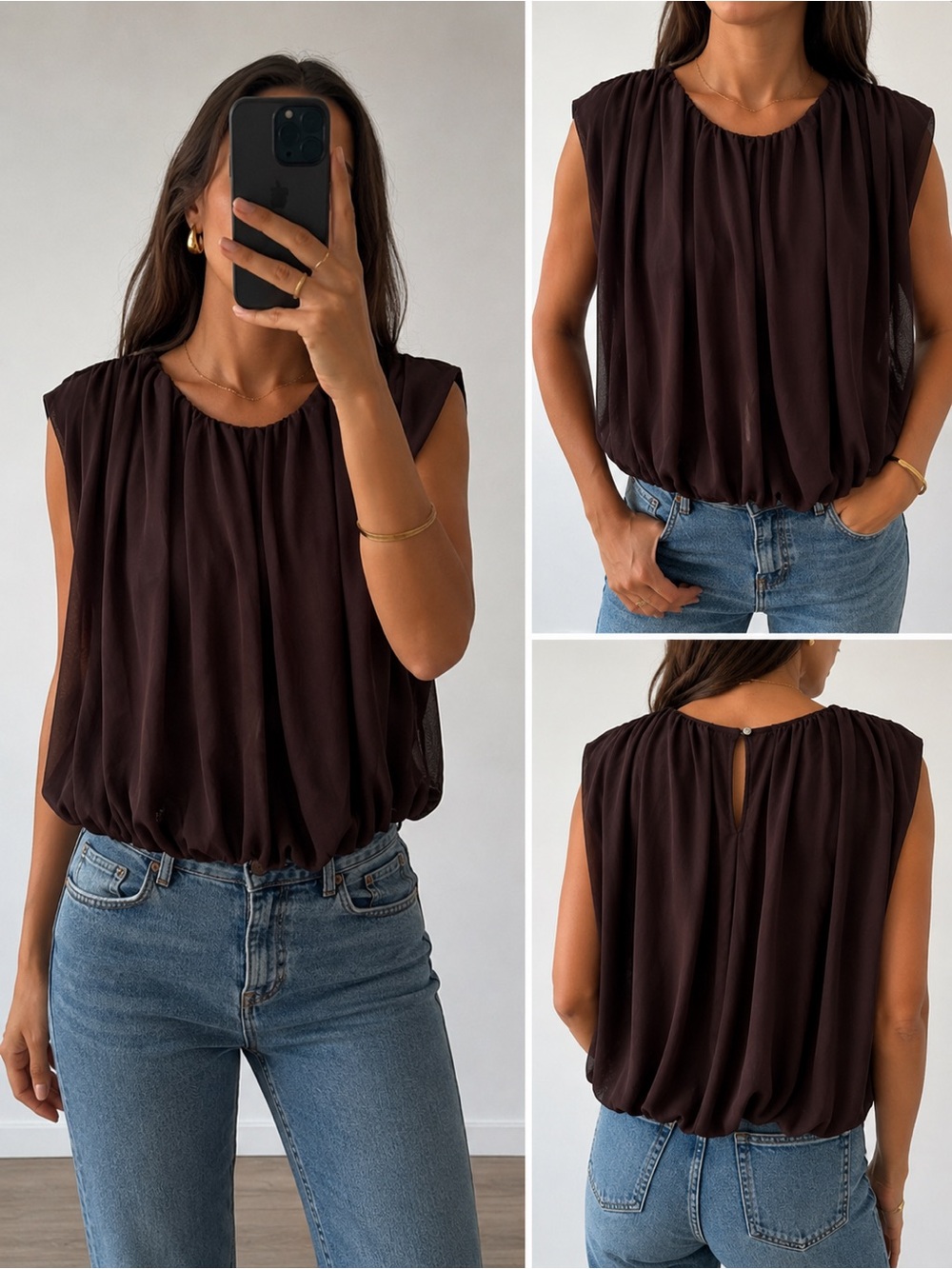 Zara NWT Brown Textured Mesh Draped Bubble Hem Top Size L